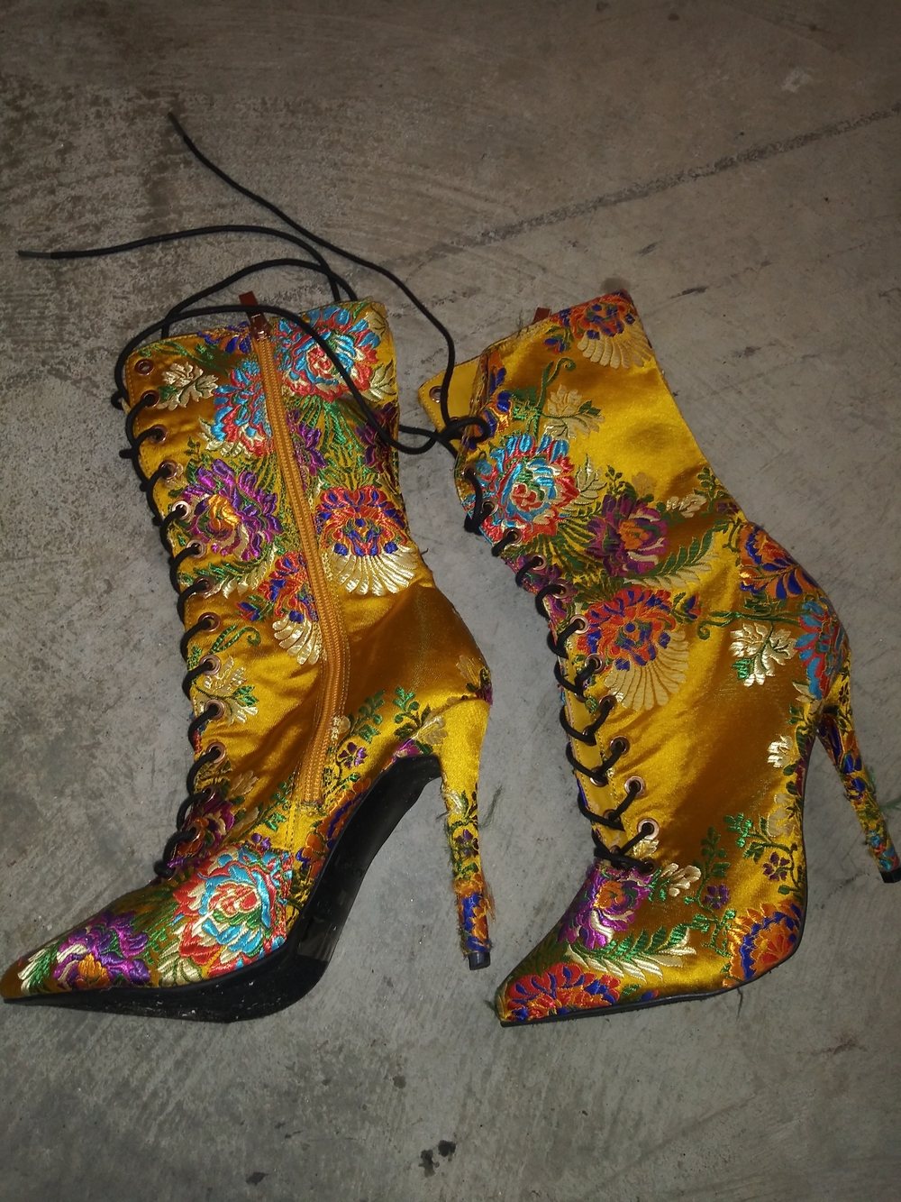 Gold Floral Embroidered Lace-Up High Heel Ankle Boots for Women